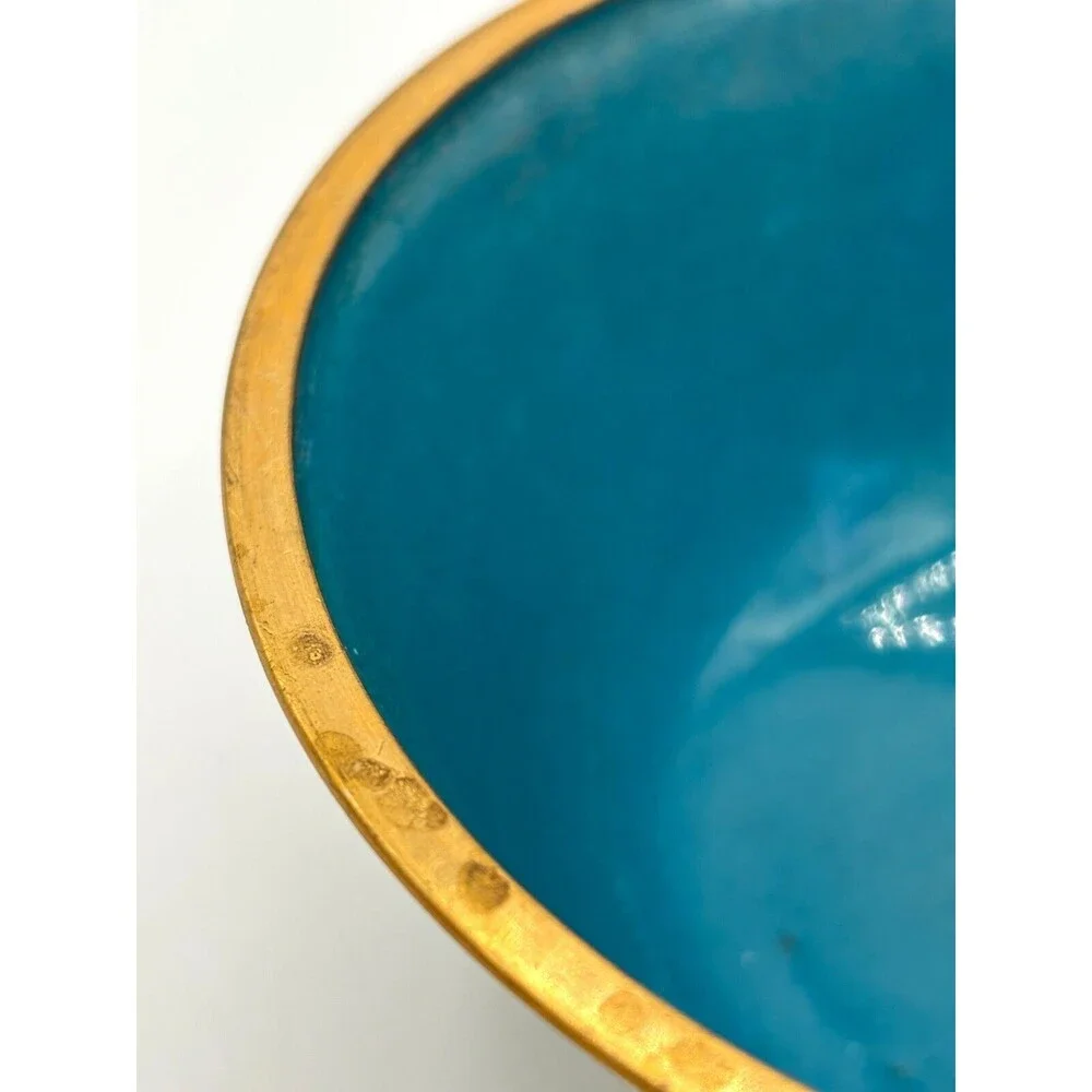 Vintage Chinese Cloisonné Enamel on Bronze Lidded Bowl Trinket Dish‎ Floral Teal